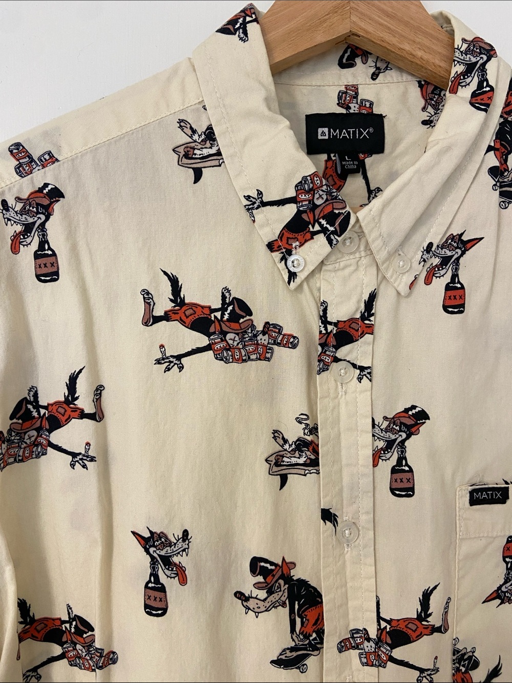 Matix Cream Button-Down Shirt with Red & Black Cartoon Dog Print